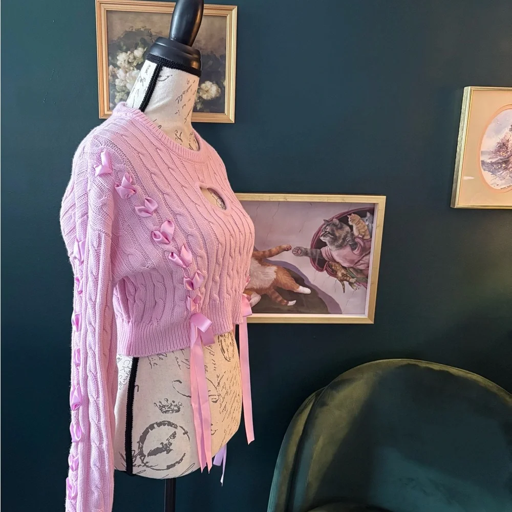 Hot Topic Light Pink Cable Knit Cardigan with Ribbon Accents - Picture 1 of 8